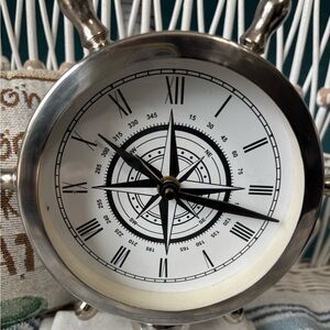 Nautical  wheel ship Clock set on marble pedestal, vintage ring w stretch band